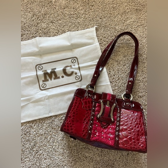 M.C. GENUINE LEATHER RED HANDBAG PURSE SHOULDER FAUX CROC SNAKE - Picture 1 of 12